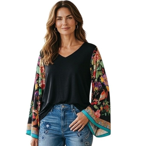 Desigual Tops - Desigual Exaggerated Colorful Bird Sleeves Womens size XL Stretchy Statement Top